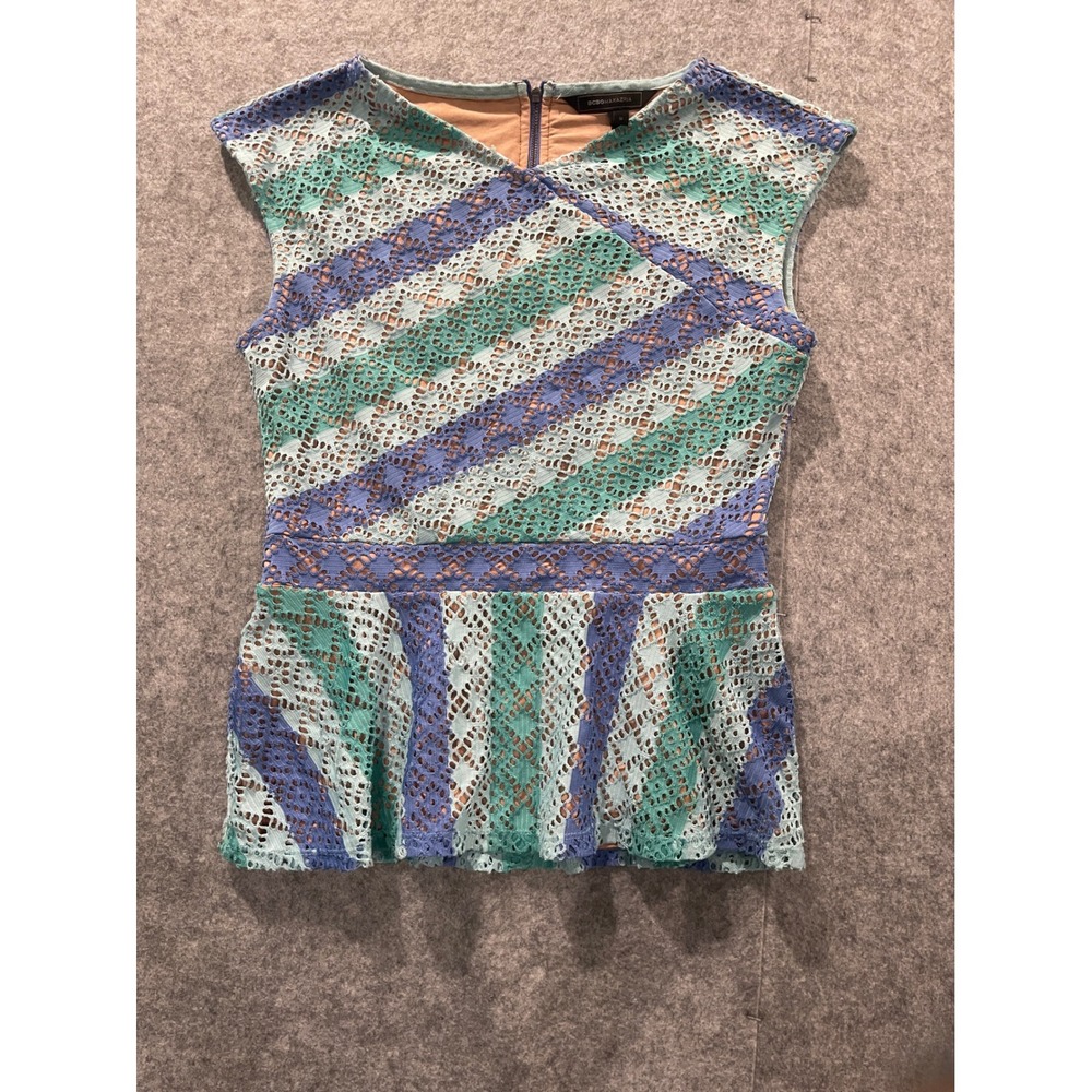 BCBGMAXAZRIA Women Blue Teal Striped Lace Peplum Top Sleeveless Size M